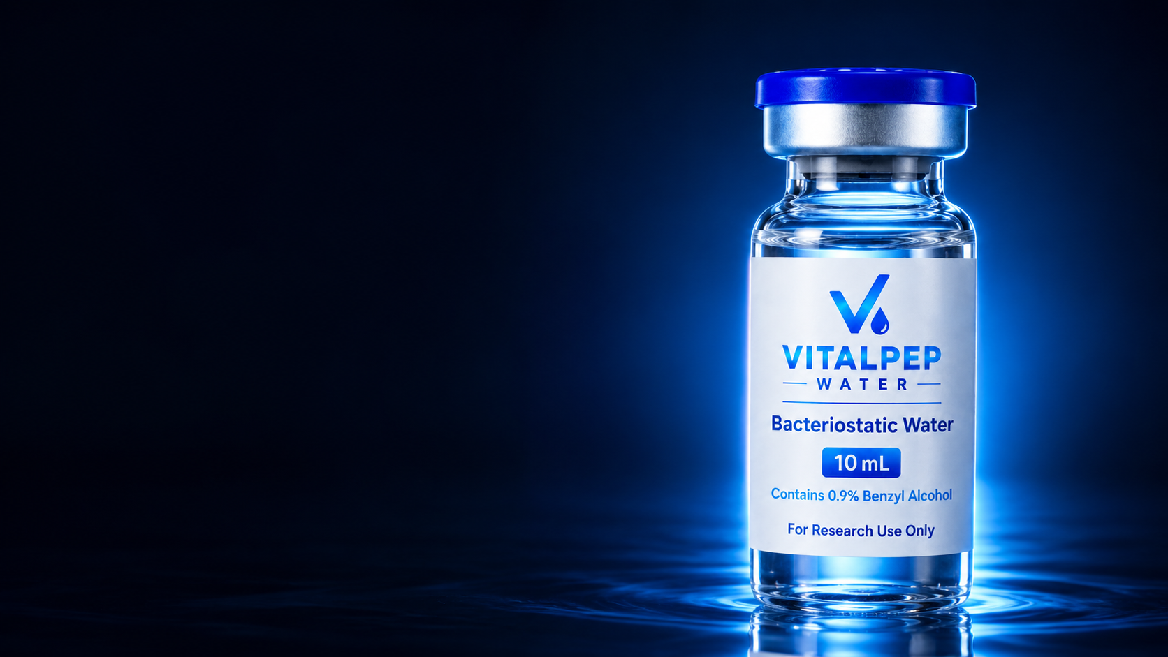VitalPep Water vial against a deep navy background with blue light reflections