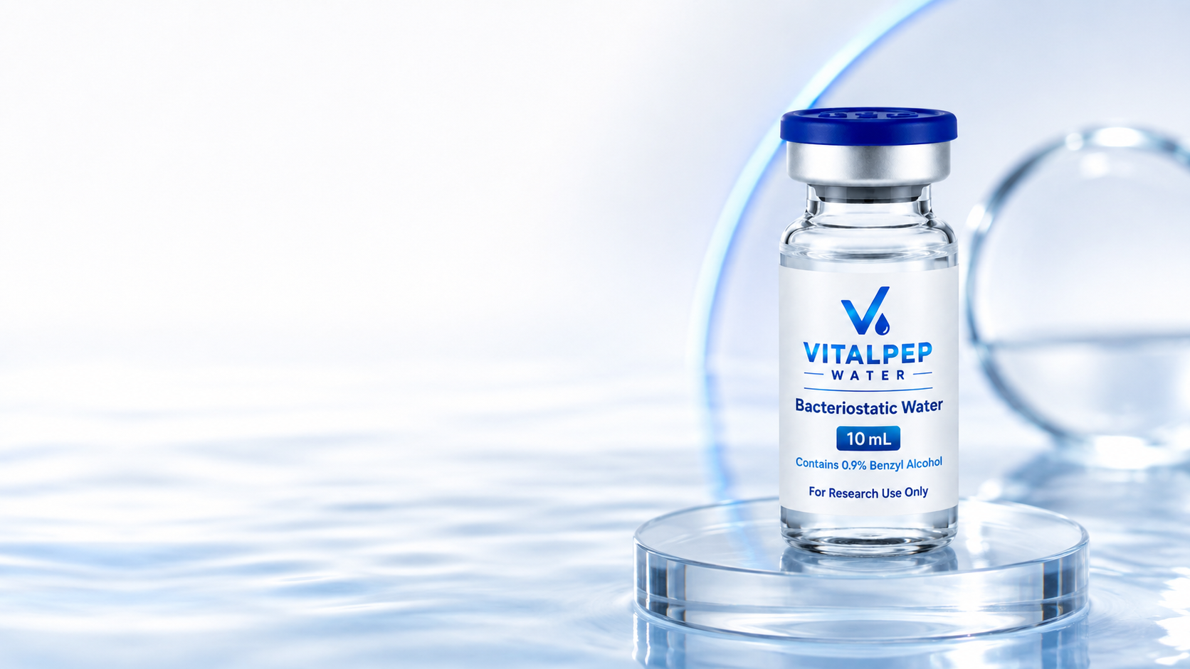 VitalPep Water bacteriostatic water vial on a clear pedestal